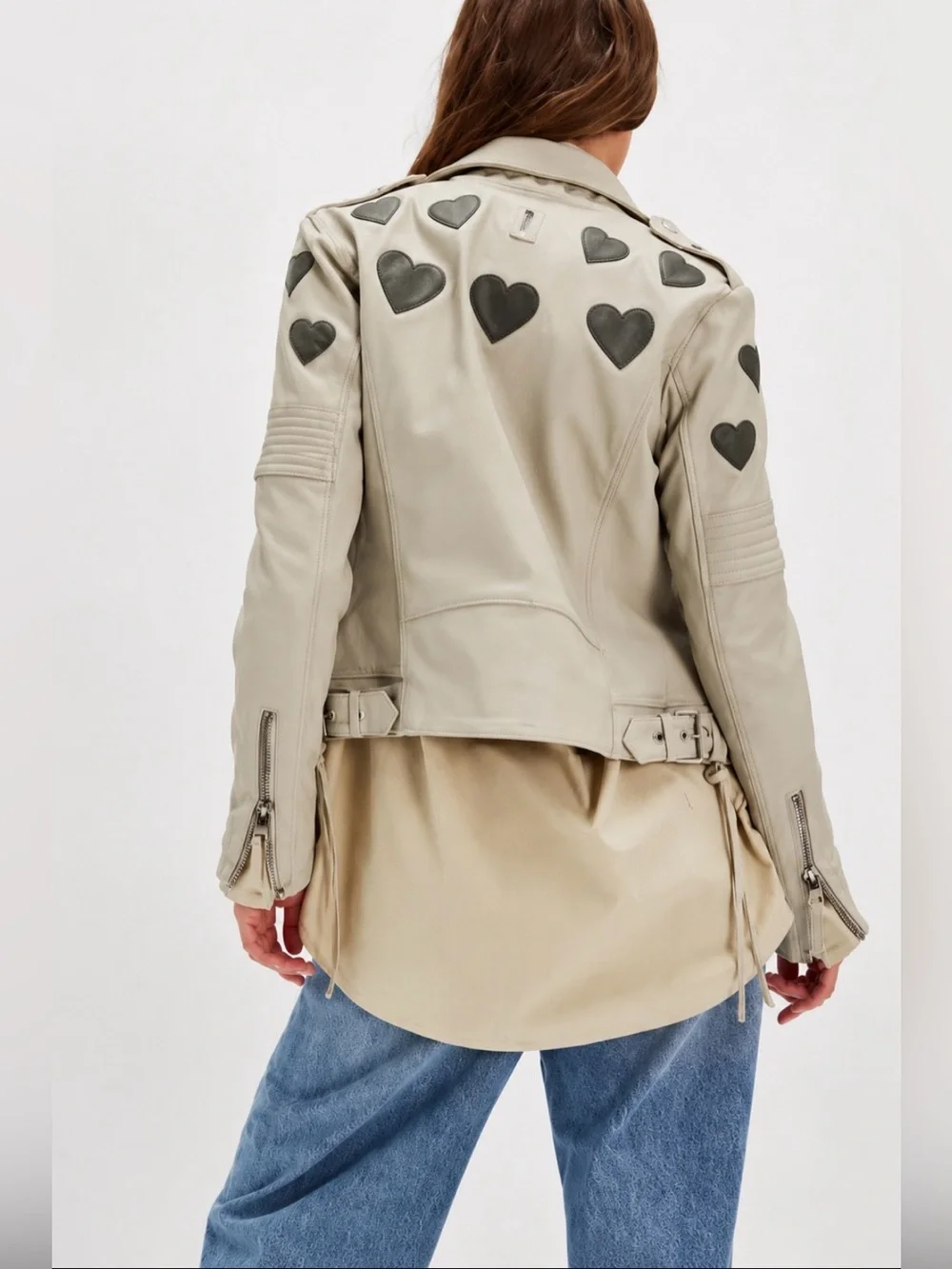 Free People‎ Mauritius Leather Reo Heart Moto Jacket Ivory Size 4